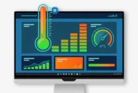 Illustration of a Windows 11 monitor displaying a CPU temperature monitoring dashboard with colored gauge bars