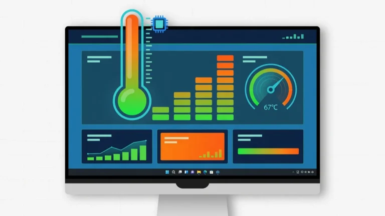 Illustration of a Windows 11 monitor displaying a CPU temperature monitoring dashboard with colored gauge bars