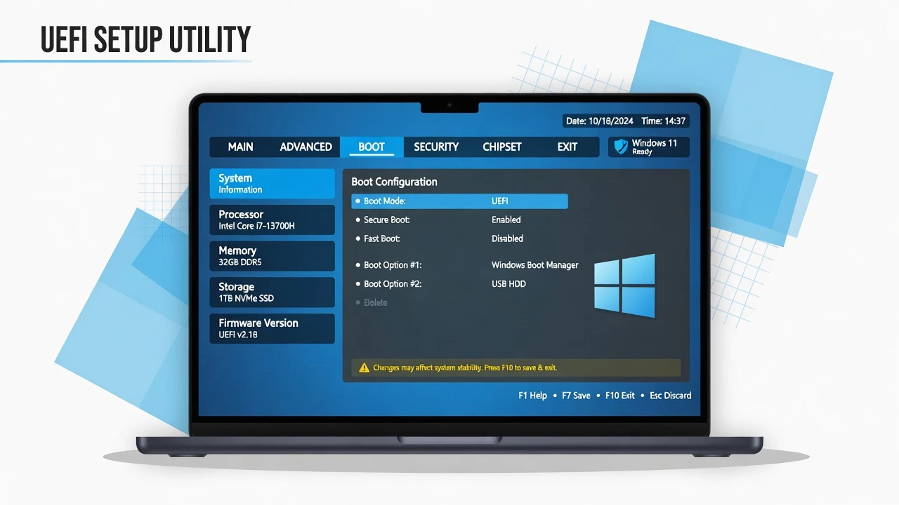 Laptop screen showing UEFI BIOS setup interface representing how to enter BIOS in Windows 11