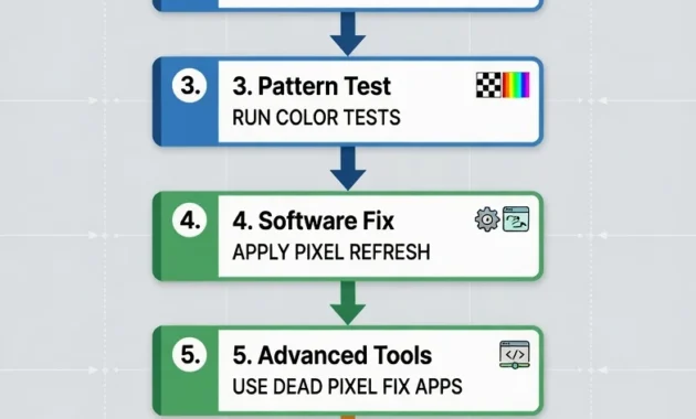 Flowchart showing 7-step process to remove dead pixels from laptop screen, from pixel identification through software methods to pressure technique and replacement decision