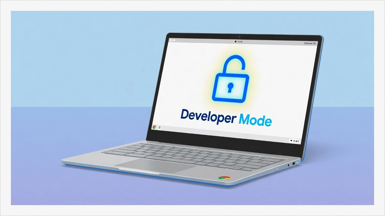 Illustration of a Chromebook laptop displaying a developer mode unlock icon representing how to enable Chrome OS developer mode