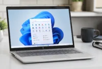 hp-laptop-factory-reset-guide HP laptop on desk displaying Windows interface for factory reset guide