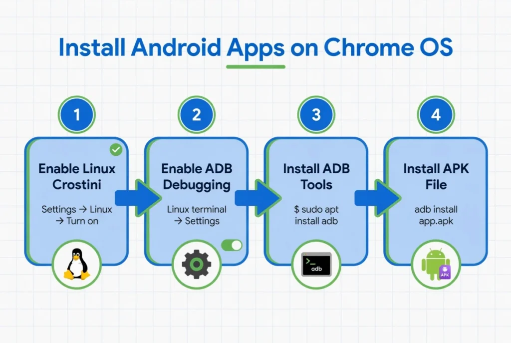 Four-step process diagram for installing Android APK files on
Chromebook using ADB debugging without enabling full developer
mode or wiping data
