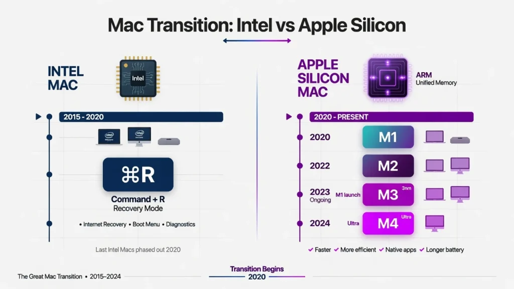 Comparison chart showing Intel Mac uses Command R for recovery mode while Apple Silicon Mac uses the Power button hold method