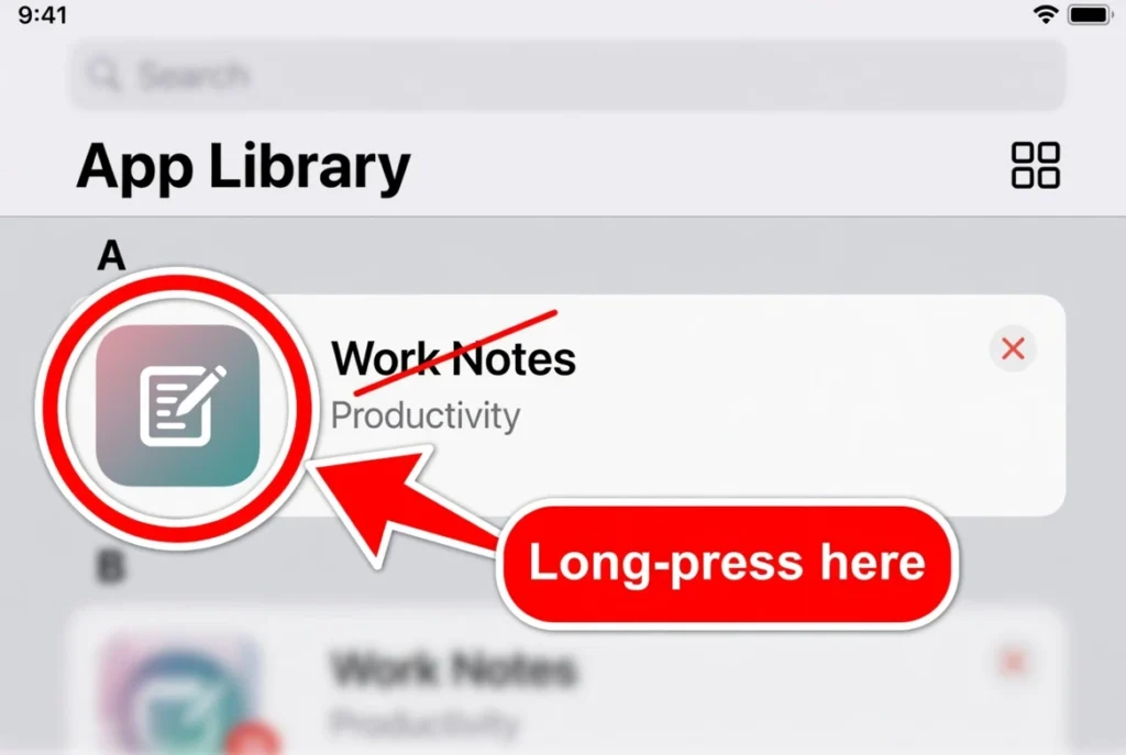 iPad App Library list view showing the correct location to long-press the small square app icon on the left side of a row to access delete option