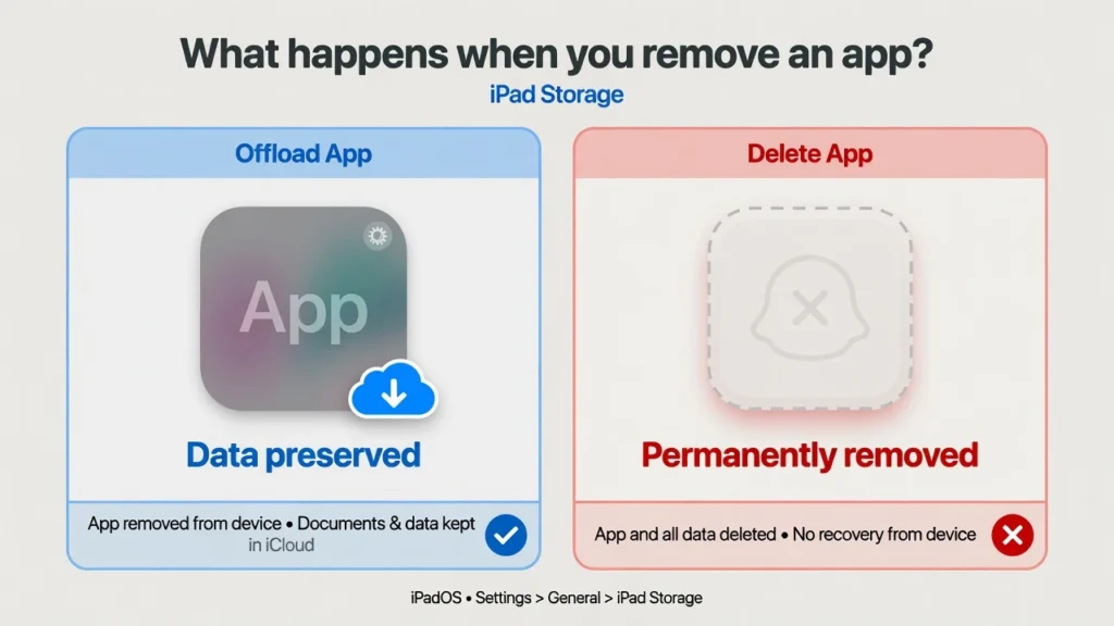 Diagram comparing Offload App showing cloud badge icon with data preserved versus Delete App showing app permanently removed from iPad