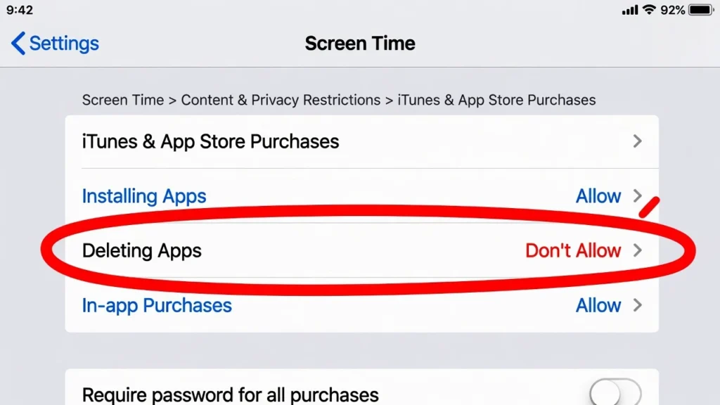  iPad Settings showing Screen Time Content and Privacy Restrictions with Deleting Apps option highlighted showing how to change permission to Allow