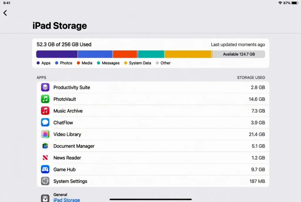 iPad Settings showing the iPad Storage screen with colored storage bar and app list displaying how much space each app uses
