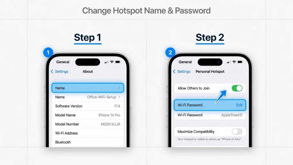 Two-step iPhone settings mockup showing how to rename
hotspot to match old WiFi network name and password for
Roku connection without remote