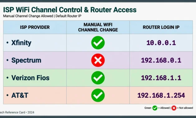 Comparison table showing which ISPs allow manual WiFi channel changes including Xfinity and Verizon yes versus Spectrum no with login IP addresses
