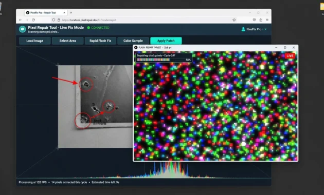 Screenshot of JScreenFix pixel fixing tool showing flashing colored repair window positioned over laptop screen to fix stuck pixels