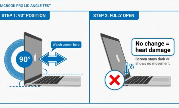 Two-panel diagram showing how to perform the 90-degree lid test to distinguish MacBook Pro flex cable damage from heat damage on screen