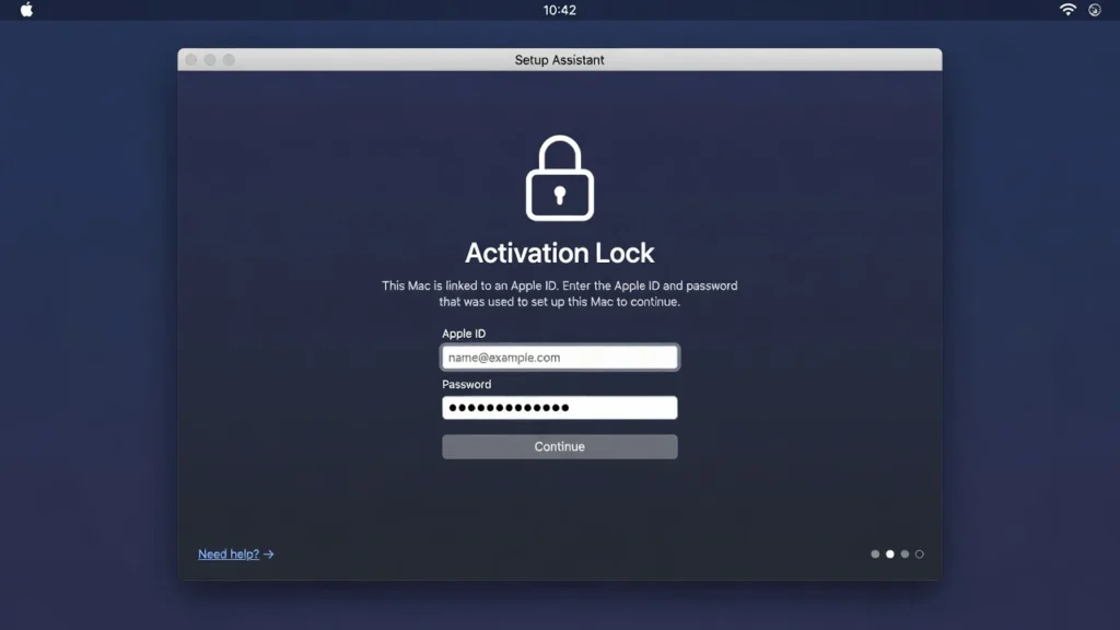 macOS Activation Lock screen showing padlock icon and Apple ID login fields that appear after factory reset when Find My Mac was still enabled