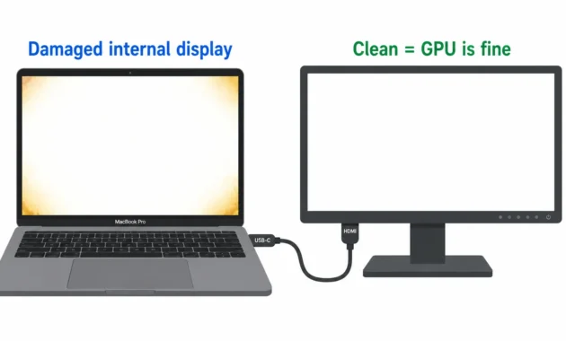 Diagram showing a damaged MacBook Pro screen connected to a clean external monitor to confirm heat damage is isolated to the internal display