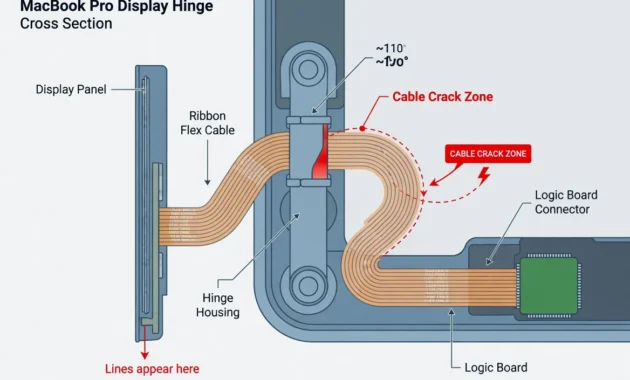 Diagram showing MacBook Pro display flex cable running
through the hinge with stress point marked where
Flexgate cracking occurs