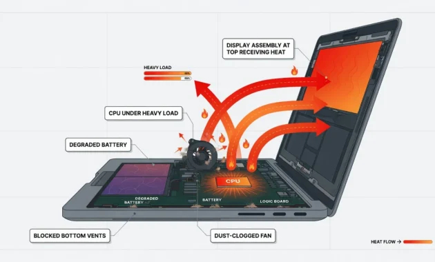  Cross-section diagram showing how internal heat flows from the MacBook Pro logic board upward to damage the display screen assembly