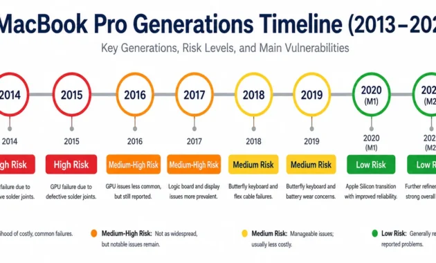 Timeline infographic showing MacBook Pro screen heat damage risk levels by generation, from high-risk 2013–2015 models to low-risk M1 and M2 models
