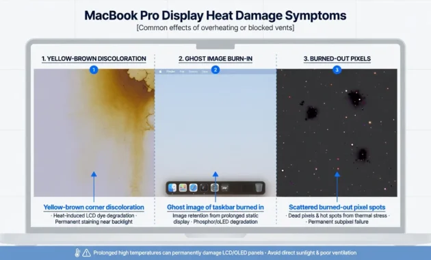 Diagram showing three MacBook Pro screen heat damage symptoms: corner discoloration, ghost image burn-in, and burned-out pixel clusters