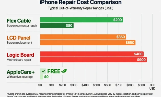 Bar chart comparing MacBook Pro screen repair costs
from flex cable replacement at 80 to 200 dollars to
logic board repair at 400 to 900 dollars