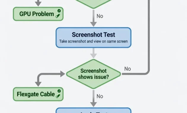 Flowchart showing three diagnostic tests to determine
if MacBook Pro screen lines are caused by software,
Flexgate, or a cracked LCD panel