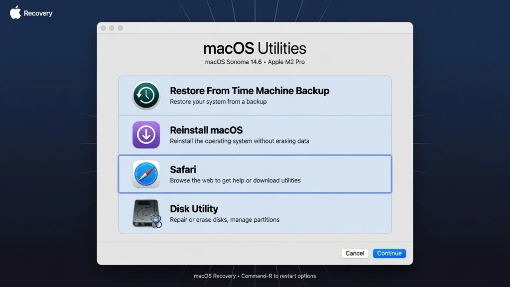macOS Utilities screen in Recovery Mode showing options including Reinstall macOS and Disk Utility on dark background