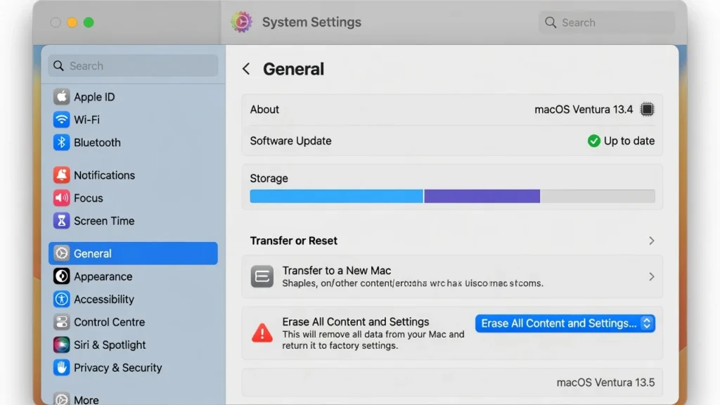 macOS Ventura System Settings showing General section with Transfer or Reset and Erase All Content and Settings option visible