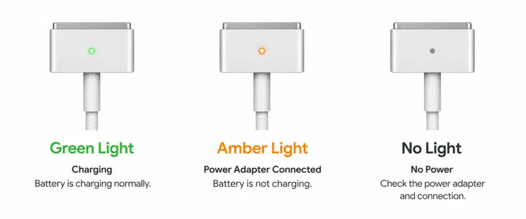 Diagram showing MagSafe charger LED colors: green light means battery full, amber means charging, no light means no power connection