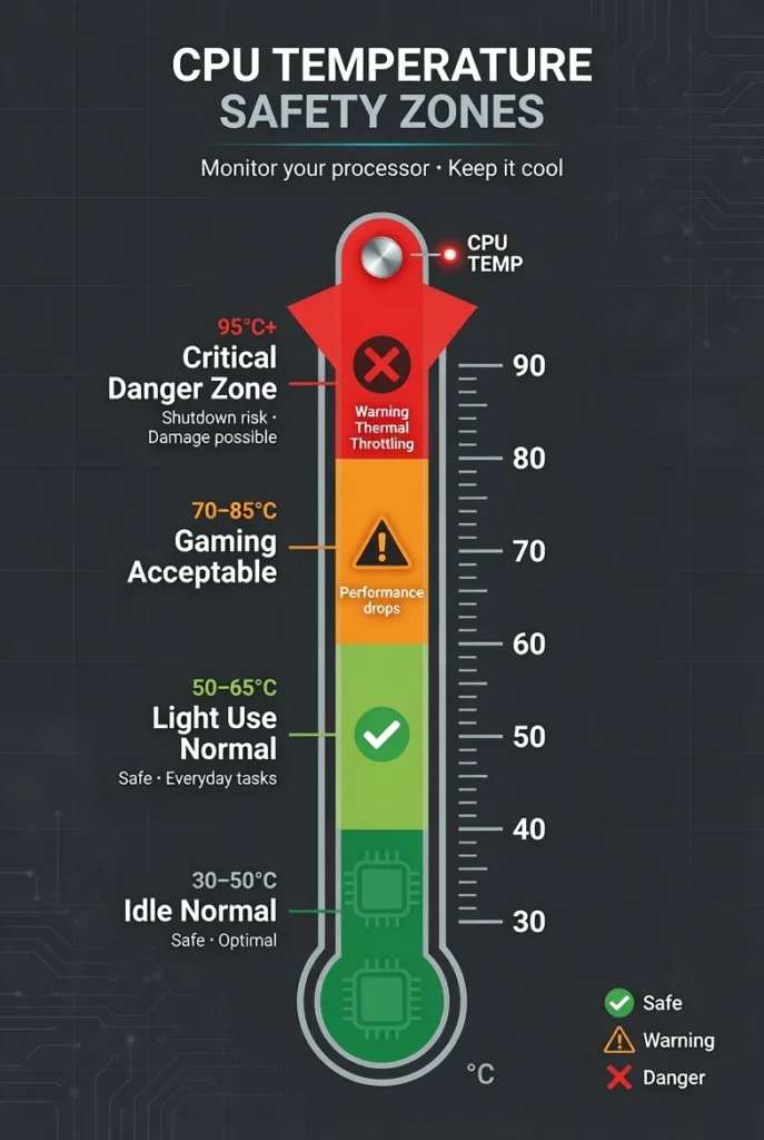Color-coded infographic showing CPU temperature safety
zones from 30°C idle normal through 95°C critical danger
zone for Windows 11 users