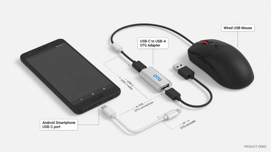 Diagram showing OTG adapter connection chain: Android phone USB-C port connected to OTG adapter connected to USB mouse for controlling a broken touchscreen device