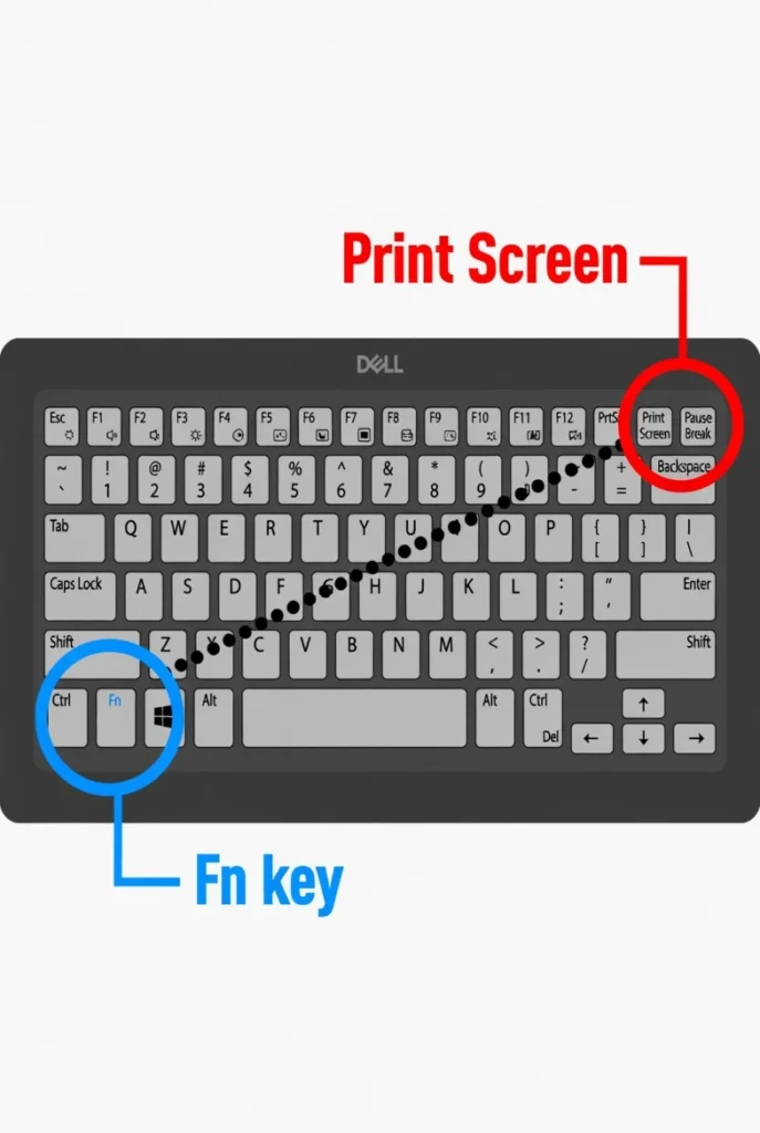 Dell laptop keyboard diagram showing Print Screen key location in top-right corner and Fn key in bottom-left corner