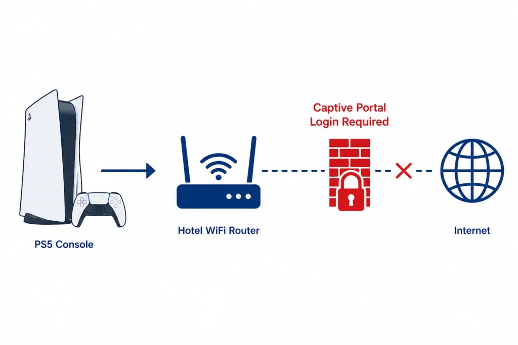 Diagram showing PS5 console blocked by hotel captive portal login page before reaching internet connection