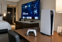 PS5 console on hotel room desk with TV showing PlayStation home screen, ready to connect to hotel WiFi
