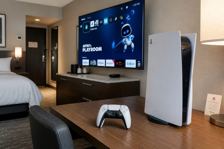 PS5 console on hotel room desk with TV showing PlayStation home screen, ready to connect to hotel WiFi