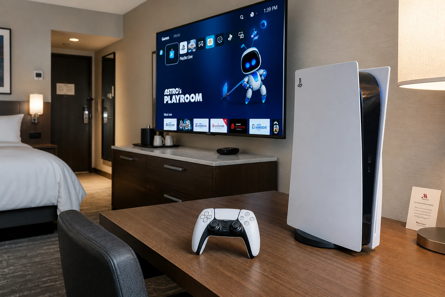 PS5 console on hotel room desk with TV showing PlayStation home screen, ready to connect to hotel WiFi