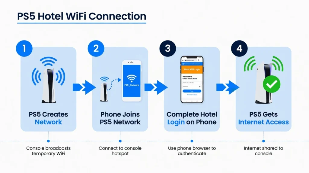 Four-step diagram showing how to use phone to authenticate PS5 on hotel WiFi by connecting phone to PS5 temporary network