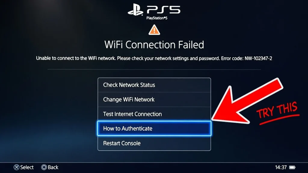 PS5 WiFi connection failed screen showing the How to Authenticate option to complete hotel WiFi login