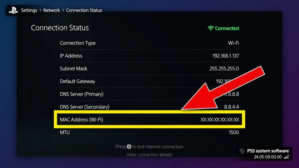 PS5 network connection status screen showing MAC Address Wi-Fi field highlighted for hotel WiFi whitelisting