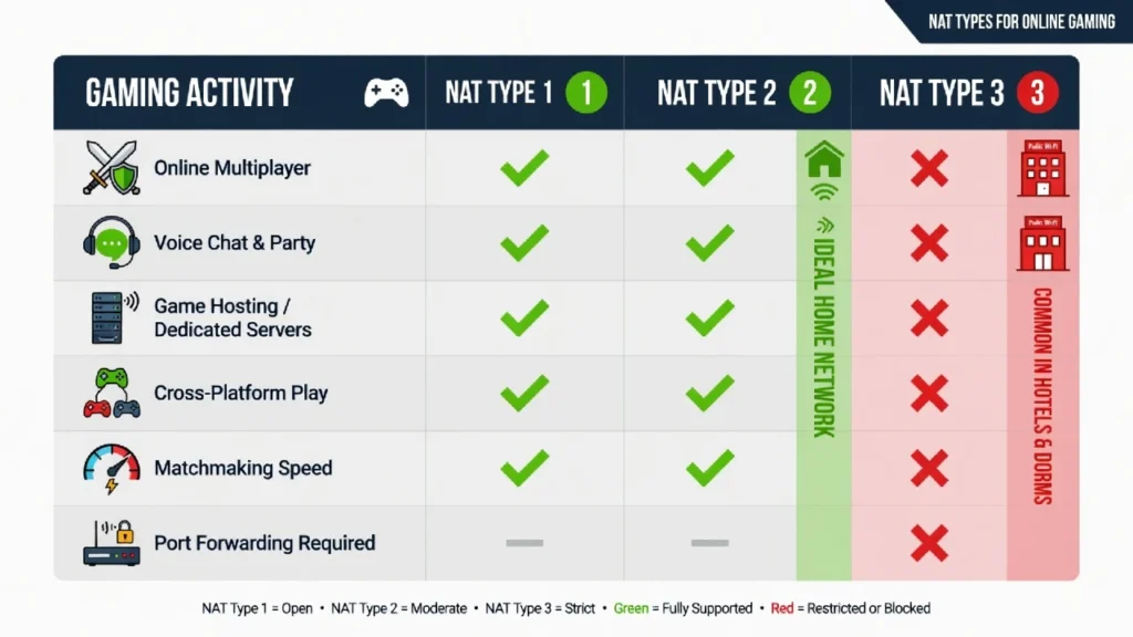 Comparison table showing PS5 NAT Type 1, 2, and 3 gaming capabilities, with NAT Type 3 shown as typical hotel WiFi assignment