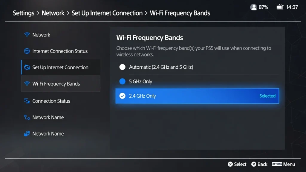 PS5 network settings screen showing Wi-Fi Frequency Bands option with 2.4 GHz selected for hotel WiFi connection