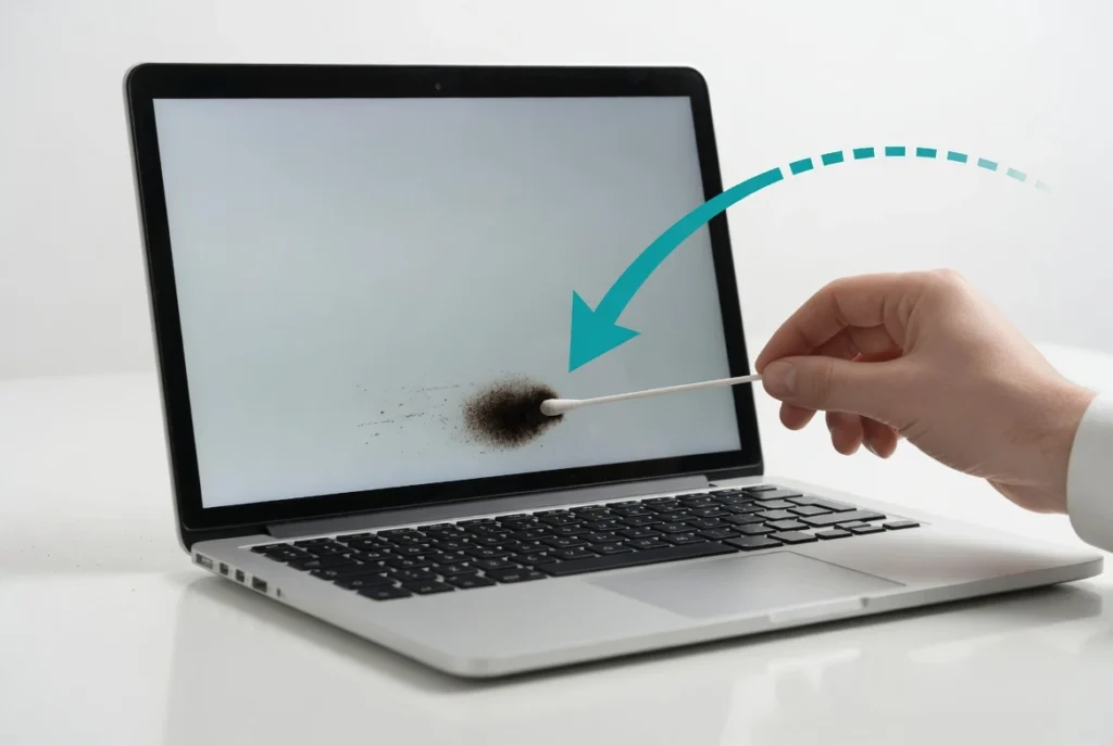 Hand using a cotton swab to gently apply pressure to the
edge of a black spot on a Dell laptop screen for manual removal