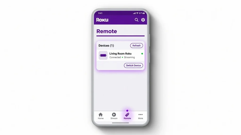 Smartphone showing Roku mobile app with Remote tab
selected and Roku device detected, ready for use as
remote without physical controller
