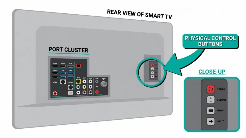 Diagram showing location of physical control buttons
on the back panel of a Roku TV, with annotation
highlighting the button cluster near the port area