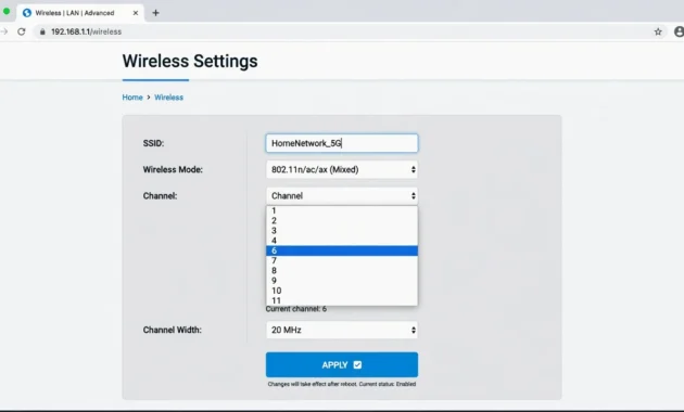 Generic router admin wireless settings page with channel dropdown menu open showing channel 6 selected for WiFi channel change