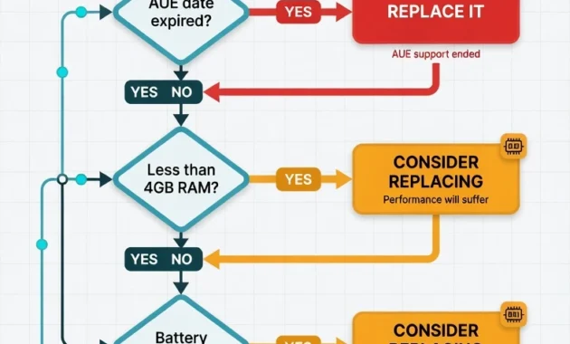 Decision flowchart helping users decide whether to
repair or replace a slow Chromebook based on AUE date
RAM and battery health