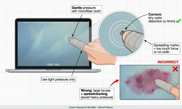 Diagram showing correct gentle finger pressure with microfiber cloth on laptop screen to fix stuck pixel, with example of incorrect excessive pressure to avoid