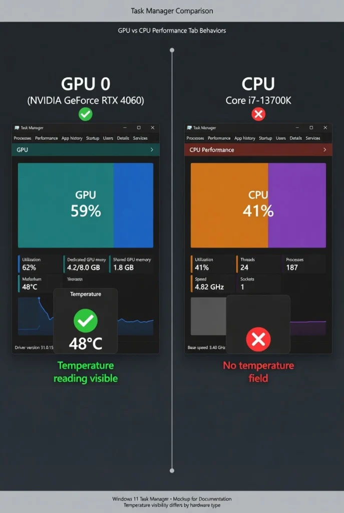 Side-by-side comparison showing Windows 11 Task Manager
displaying GPU temperature but no CPU temperature in
the CPU performance tab