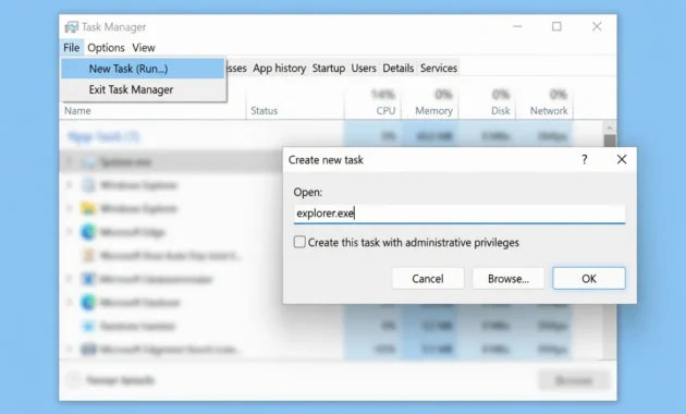 Windows 10 Task Manager showing File menu with Run new task
selected and explorer.exe typed in create new task dialog box