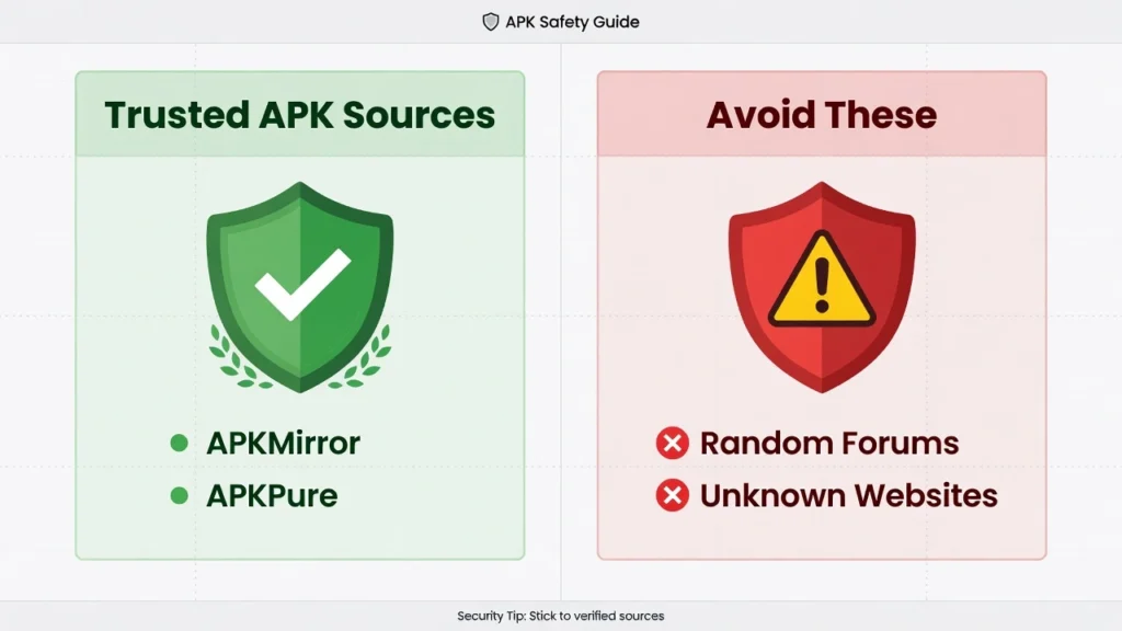 Comparison illustration showing trusted APK sources like APKMirror and APKPure versus unsafe sources to avoid when downloading Android APK files
