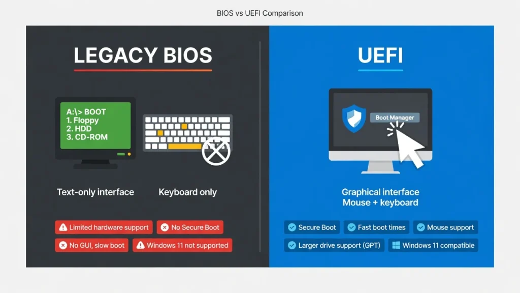 Side-by-side comparison of Legacy BIOS with text-only interface versus modern UEFI firmware with graphical interface and Windows 11 compatibility