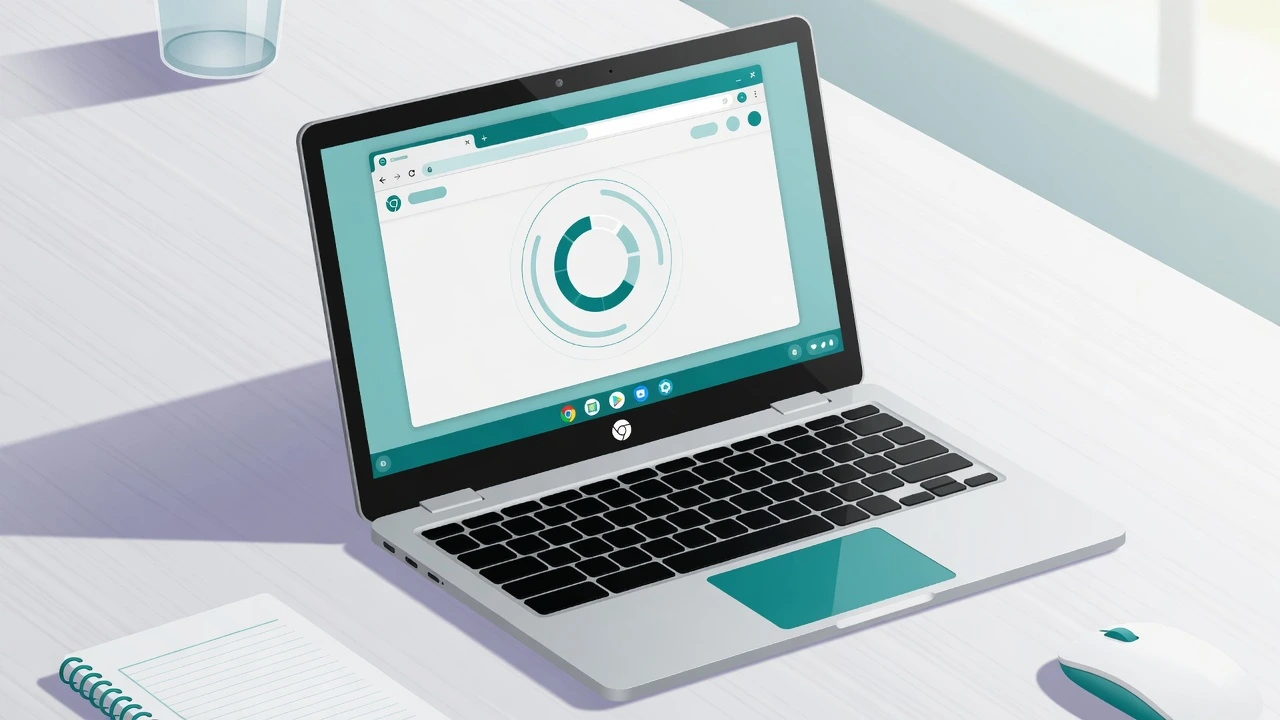Illustration of a Chromebook laptop with a spinning loading icon showing a slow Chromebook performance issue